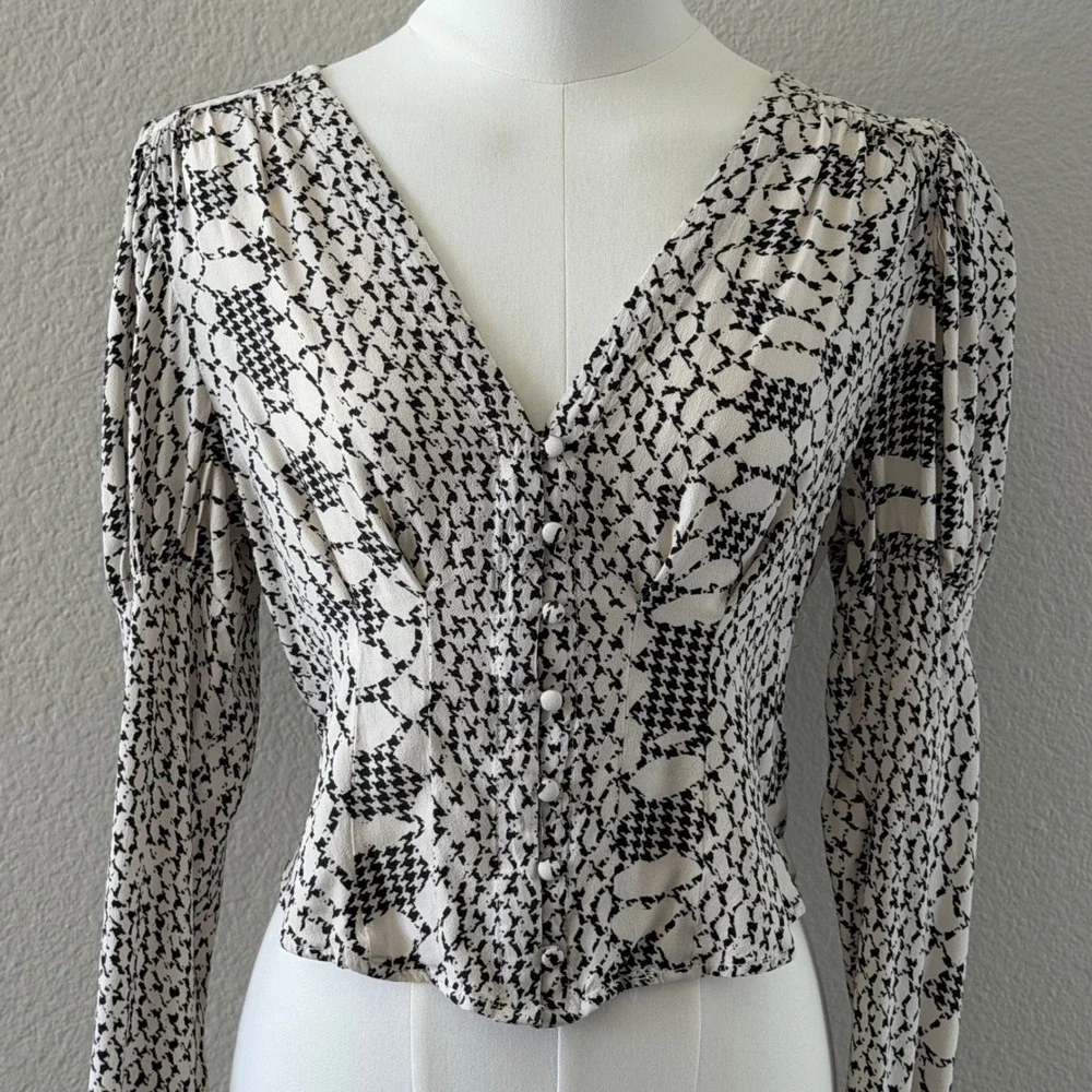 Free People Blouse Houndstooth Snakeskin Puff Long Sleeve Victorian Dark Boho S